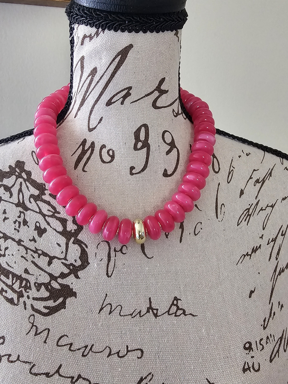Bright Pink Beaded Necklace with Gold Accent